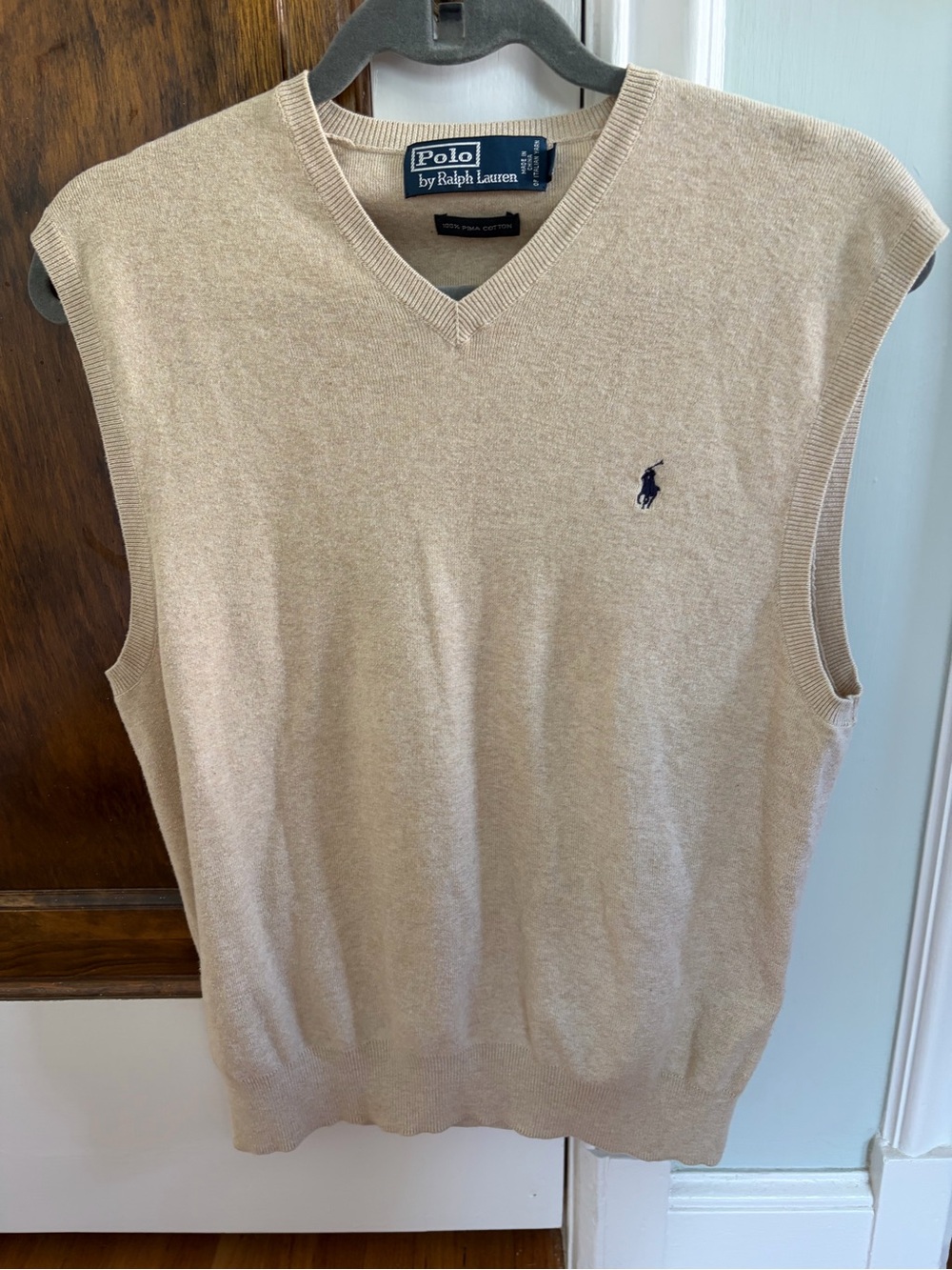 Ralph Lauren Men’s Tan V-Neck Sweater Vest with Navy Polo Logo